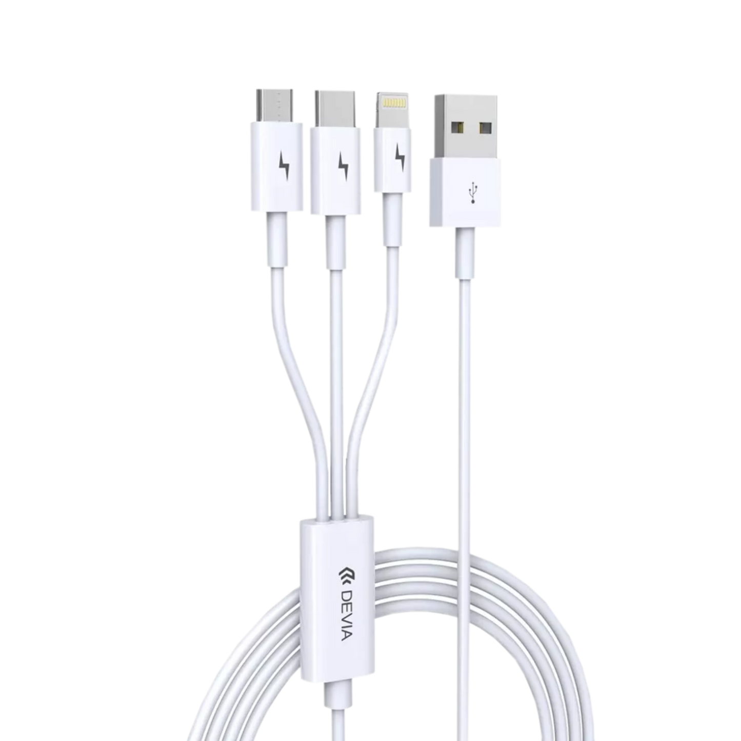 Devia - 1.2m (2.4A) USB to Lightning, USB-C & MicroUSB Cable - White