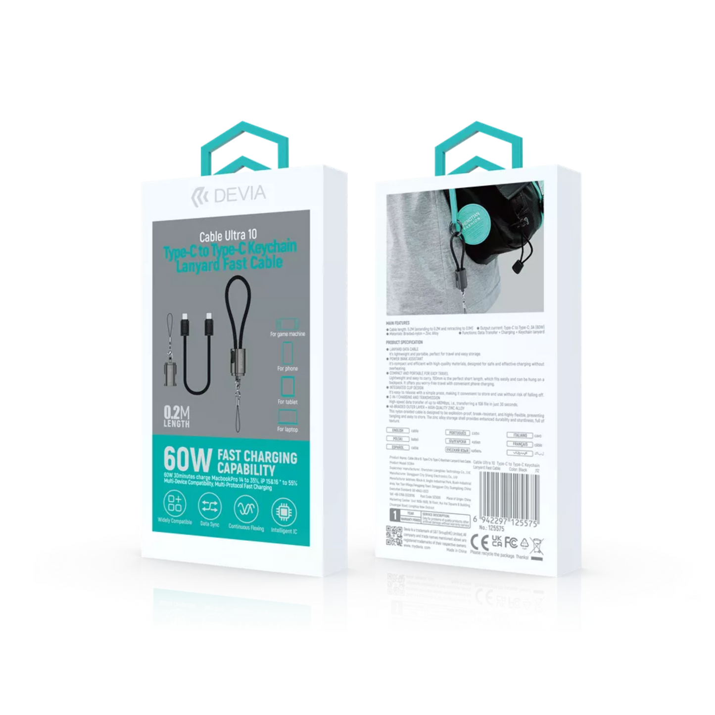 Devia - 0.2m (60W) Keychain Lanyard Woven Braided Power Delivery - USB-C to USB-C Cable - Black