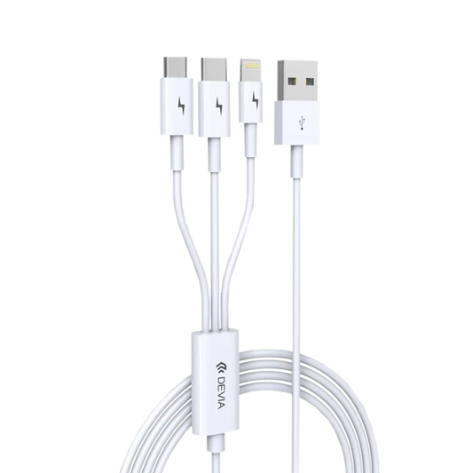 Devia - 1.2m (2.4A) USB to Lightning, USB-C & MicroUSB Cable - White