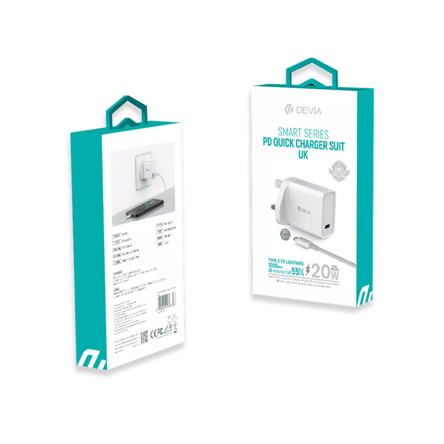 Devia - 20W USB-C Power Delivery 3-Pin UK Charging Plug & 1m PD USB-C to Lightning Cable - White