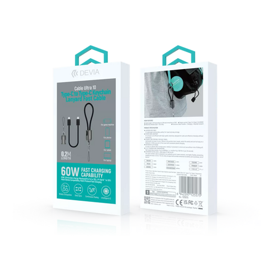 Devia - 0.2m (60W) Keychain Lanyard Woven Braided Power Delivery - USB-C to USB-C Cable - Black